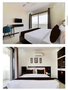 古尔冈Hotel sky的两张带两张床的酒店客房的照片