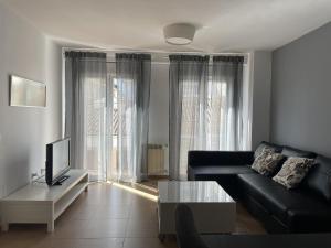 隆达隆达中心恩艾尔公寓的客厅配有黑色沙发和电视