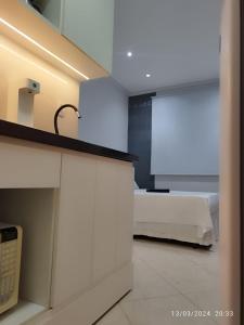 里约热内卢Quitinete ACONCHEGANTE的客房设有床、水槽和窗户。