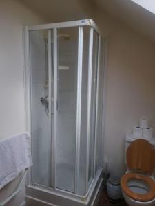 Owl's Barn Quiet & private Twin bed的一间带卫生间和玻璃淋浴间的浴室