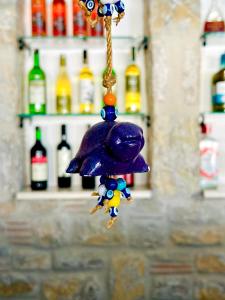 达特恰Villa Anfora的一只玩具猴挂在绳子上,背后有瓶子