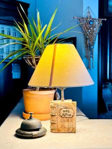 达特恰Villa Anfora的坐在植物旁边的桌子上的灯