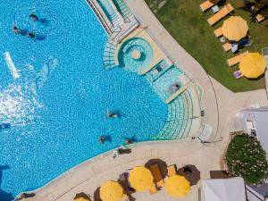 阿巴诺泰尔梅海尔维温泉酒店的享有带遮阳伞的游泳池的顶部景致