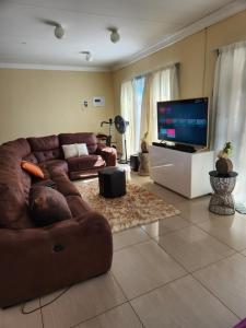 曼齐尼Dollar Zone的客厅配有棕色沙发和平面电视