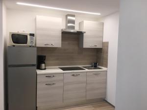 加尔达湖滨玛丽娜公寓式酒店的厨房配有冰箱和微波炉。