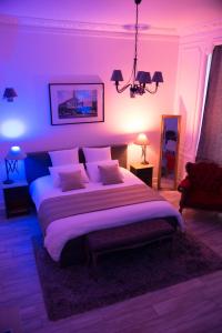 图尔昆Chic Appart - Sauna privatif的一间卧室配有一张紫色照明的大床