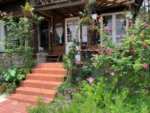 阿普春安Romantic house on a pine hill Dalat的前廊上放着一束鲜花的房子