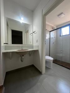 巴乌鲁Hotel Nações Plaza的一间带水槽、淋浴和卫生间的浴室