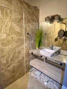 孔塔多拉康迪萨德尔马别墅酒店的一间带水槽和石墙的浴室