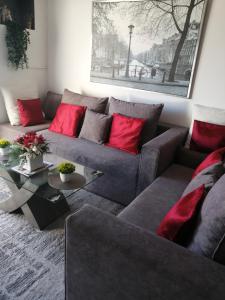 利马索尔Amazing Sea Place的客厅配有灰色沙发和红色枕头