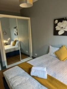 爱丁堡Cozy Central 1 Bedroom Flat的一间卧室配有两张床和镜子