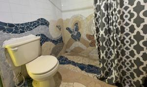 卡维塔Casa Mamré的一间带卫生间和淋浴帘的浴室
