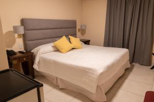 圣米格尔·德·图库玛梅特罗珀尔酒店的一间卧室配有一张大床和两张黄色枕头