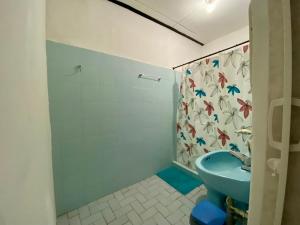 卡塔赫纳Habitación Multiple cerca de aeropuerto的浴室配有蓝色卫生间和淋浴。