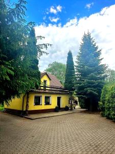 佩霍维采Zielony Zakątek的砖路上的一座黄色房子,有树