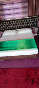 DisahEuropean luxury camp的绿色和绿色床单的客房内的一张床位