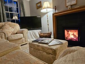 安布尔塞德Foxghyll Country House的客厅设有壁炉和电视。