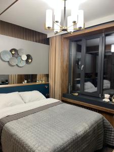 希奥利艾Four Sisters Luxury Rooms in Siauliai的一间卧室配有一张大床和镜子