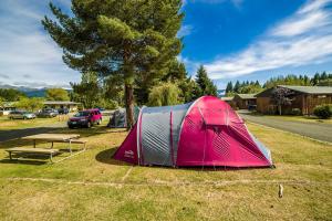 蒂阿瑙Te Anau Lakeview Holiday Park & Motels的田野上的帐篷和野餐桌