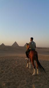 开罗Pyramids station View的背着金字塔在沙漠中骑马的人