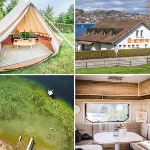 施泰克博恩Strandbad Steckborn mit Herberge, Camping & Glamping的一张照片和一张帐篷和房子相拼合