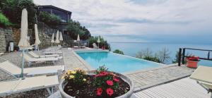 莱万托Hotel La Giada del Mesco的一个带椅子和遮阳伞的游泳池以及大海