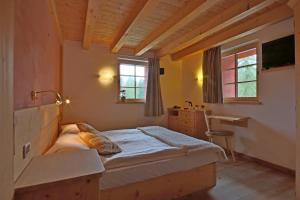 科尔蒂纳丹佩佐Ciasa Vervei的一间卧室配有一张床、一张书桌和窗户。