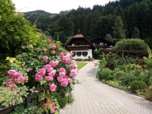 奥西阿赫Blumenpension Strauss - Ferienwohnungen的一座花园,在一座建筑前有粉红色玫瑰