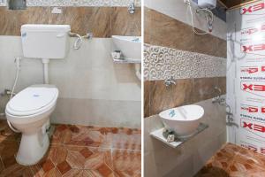 巴罗达OYO Hotel Shiv Kunj的浴室的两张照片,配有卫生间和坐浴盆