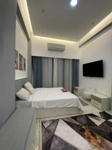 沙姆沙伊赫Jasmine Resort & Aqua park的一间卧室配有一张床和一台平面电视