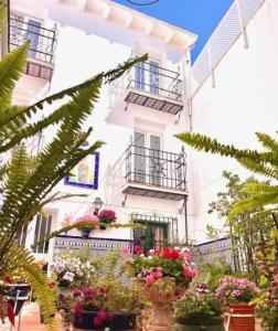 马贝拉恩里克塔旅馆的白色的建筑,种植了盆栽植物,设有阳台
