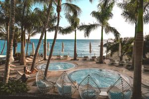 卡门港Hotel Fariones的棕榈树和海滩的游泳池