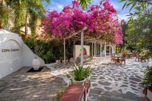 卡乌罗西姆果阿卡维洛辛丽笙度假酒店的庭院里种有粉红色的花草、桌子和树木