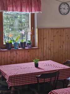 KrivčevoČrnuški dom na Mali planini的一间房间,桌子上摆放着红色和白色的桌布