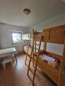 KrivčevoČrnuški dom na Mali planini的客房设有两张双层床和一张桌子。