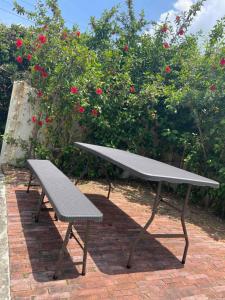 宫古岛あかばなのさと的红玫瑰前的野餐桌和长凳