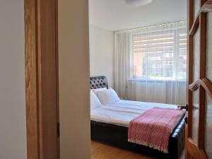 奈达Apartamentai SAULĖTA PALANGĖ的一间小卧室,配有一张带窗户的床