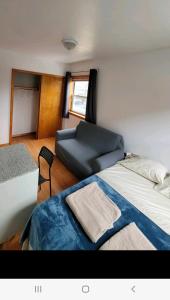 WoodsideComfortable rooms in NYC near the train的一间卧室配有一张大床和一张沙发