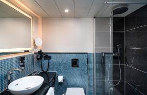 美因河畔法兰克福法兰克福莱昂纳多皇家酒店的浴室配有卫生间、盥洗盆和淋浴。