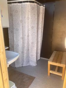 LaitilaTriangle Cabin的浴室配有淋浴帘和盥洗盆。