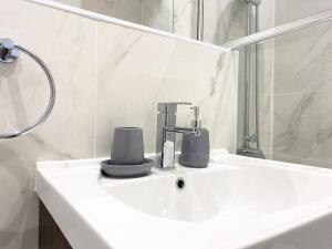弗利特Cloud at Fleet Heights Apartment Two的白色浴室水槽、水龙头和镜子