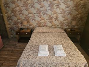 门多萨Hotel Geminis的一间卧室配有一张床,两个床头柜配有两张桌子