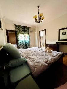 开罗3Bedroom next to Downtown Mall New Cairo的一间卧室配有一张大床和一个吊灯。