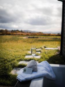 班特里Wild Hideaways Luxury Lodges and Eco Spa的坐在田野旁边的桌子上喝一杯葡萄酒