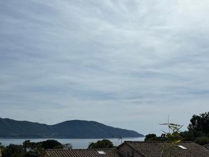 阿帕涅托Villa bord de mer Corse du Sud的享有水体、房屋和山脉的景色