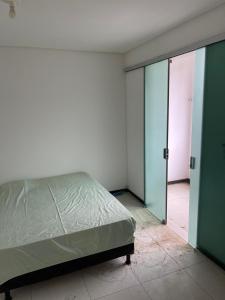大坎皮纳Casa para temporada - São João 2024的一间卧室设有一张床和一个滑动玻璃门
