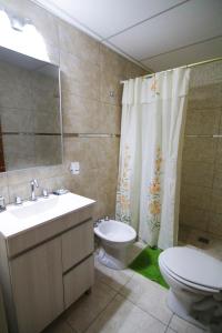 马拉圭Aire Montañas的一间带水槽、卫生间和淋浴的浴室