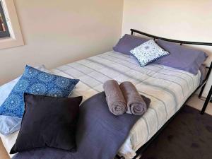 拜恩斯代尔Sunset Manor Stays- Pet Friendly Unit Bairnsdale的床上配有枕头和毛巾