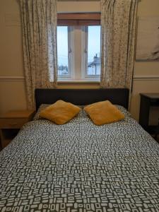 伦敦London Central Large Acton House的窗户前的一张带两个枕头的床