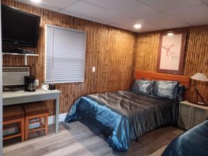 尼亚加拉瀑布福尔斯汽车旅馆的一间卧室配有一张床、一张书桌和一台电视